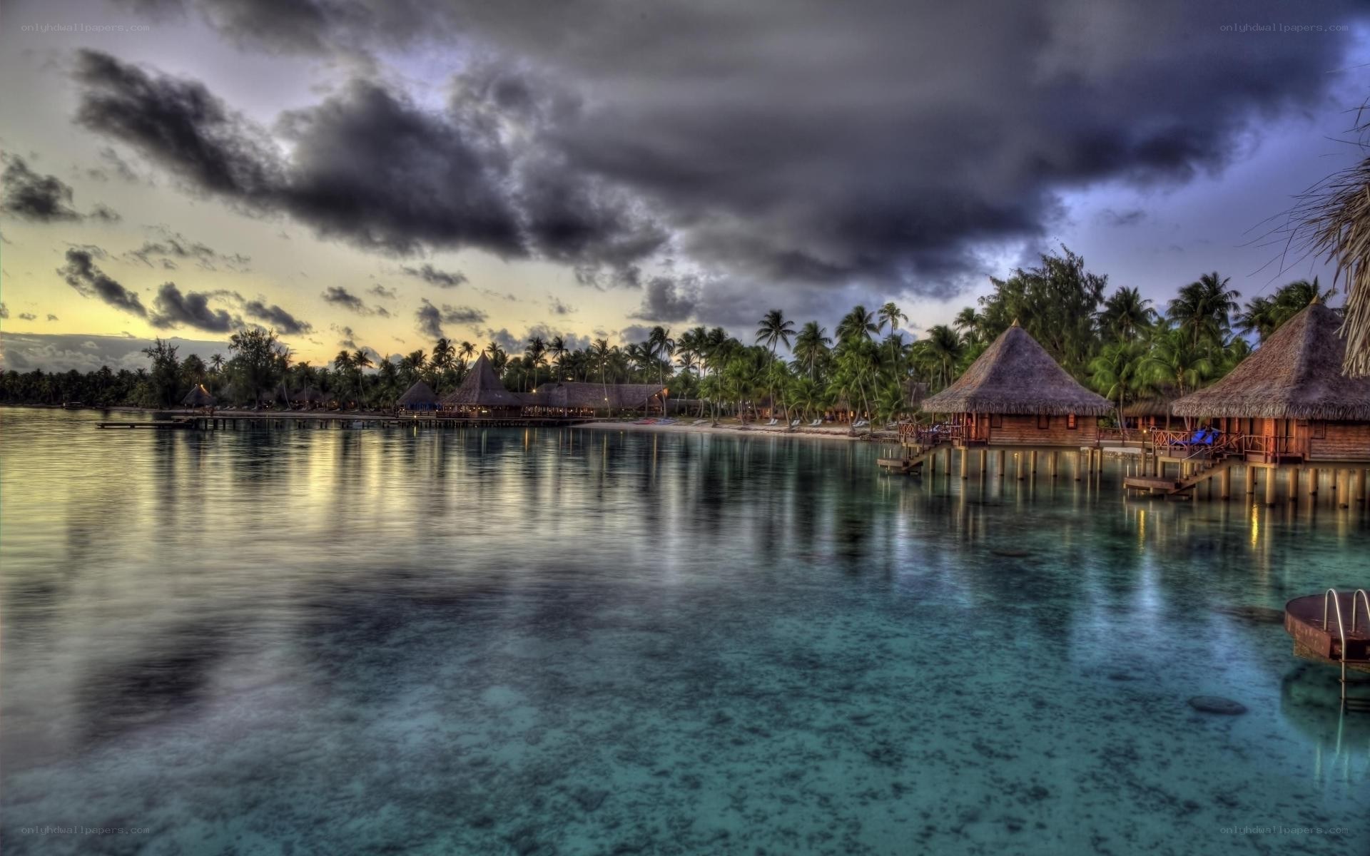 Tropical resort at sunset