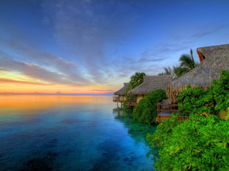 Tropical resort at sunset