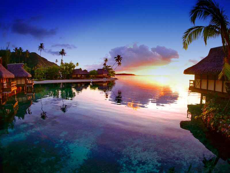Tropical Resort at Sunset — Blue, Serene, Photograph, Bungalows