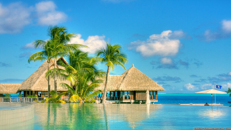 Tropical Resort Bungalows — Blue, Serene, Afternoon, Photograph, Palm Trees, Pool