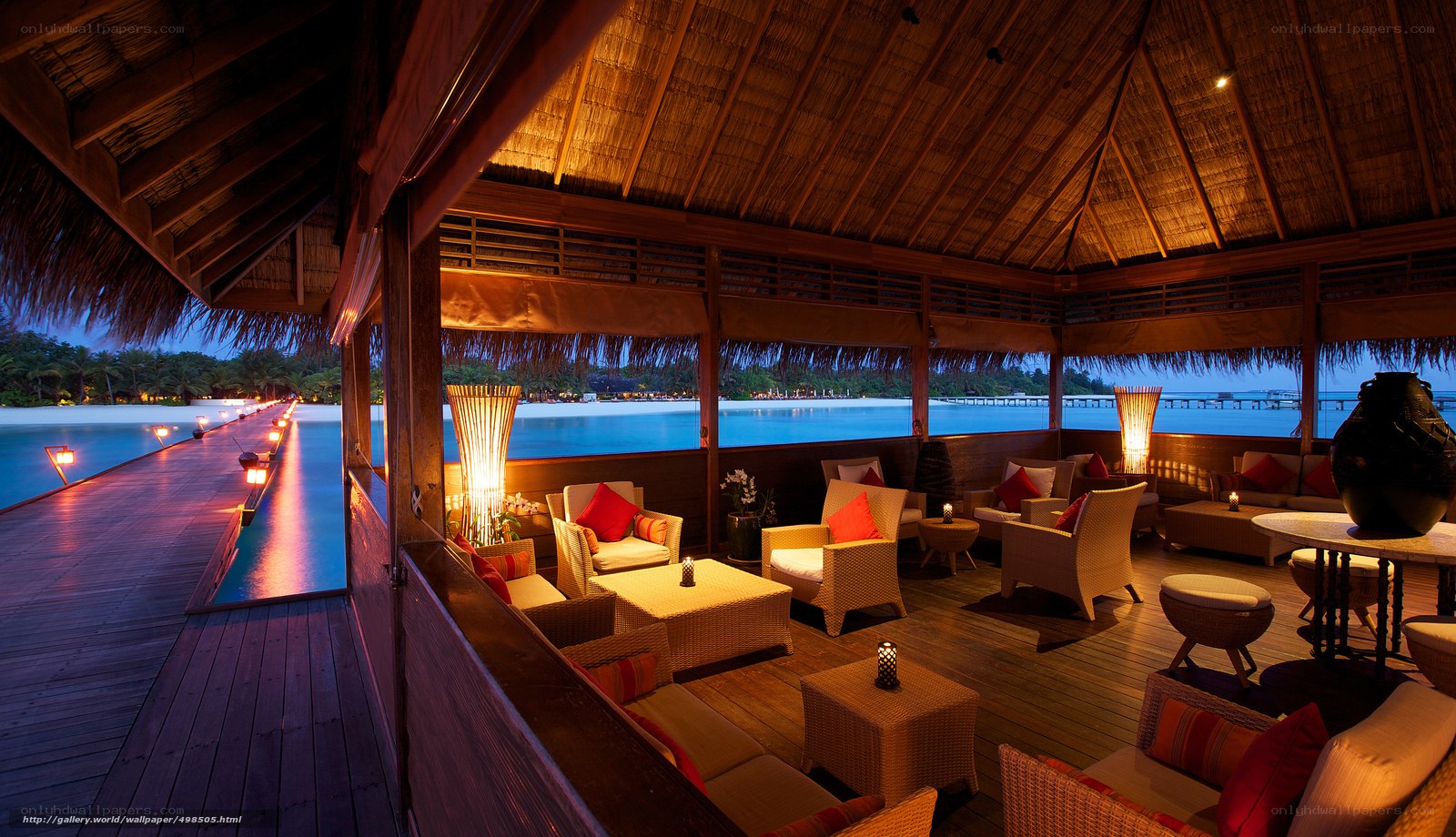 tropical resort lounge at dusk