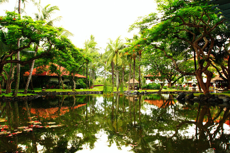 Tropical resort pond with reflections