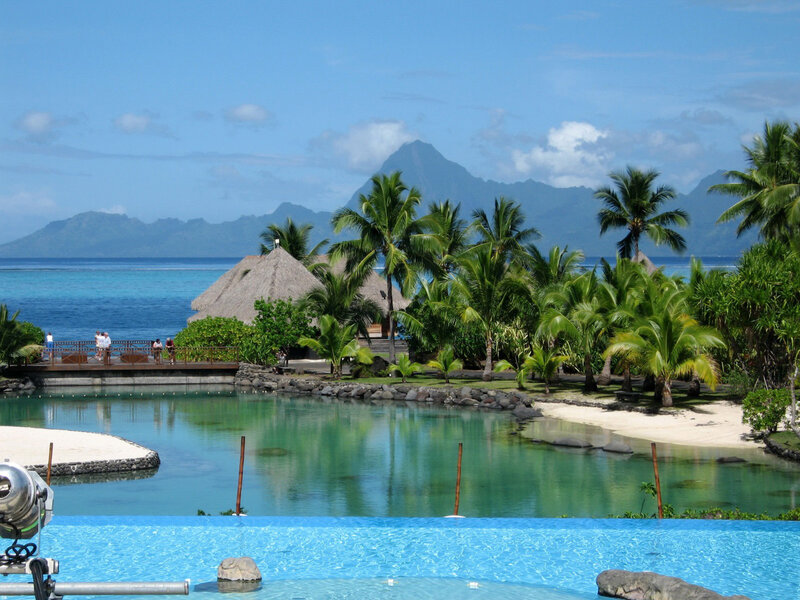 Tropical Resort Pool — Blue, Serene, Afternoon, Photograph, Palm Trees, Mountain