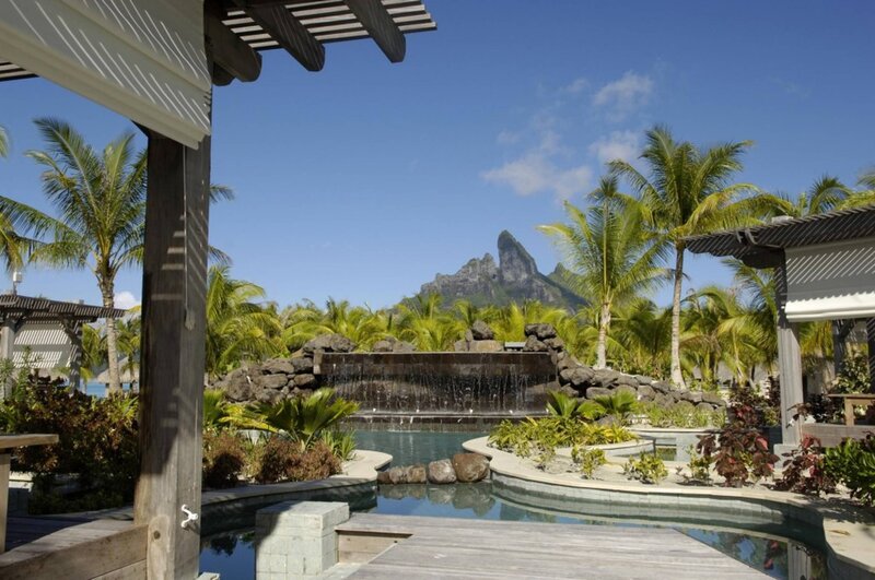 Tropical Resort Pool — Blue, Serene, Afternoon, Photograph, Palm Trees, Mountain, Waterfall
