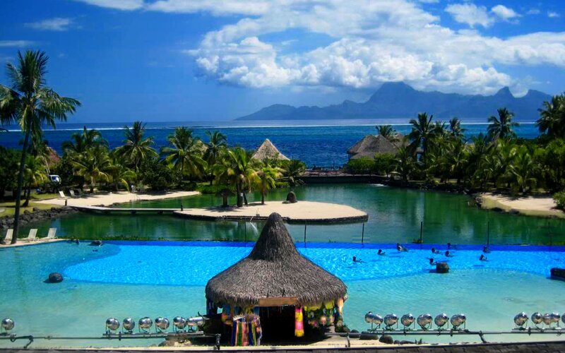 Tropical Resort Pool — Blue, Serene, Afternoon, Photograph, Palm Trees, Ocean