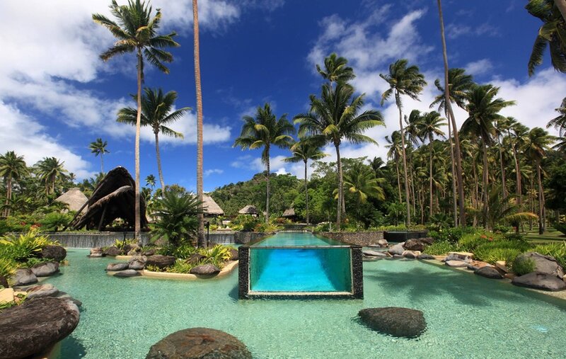 Tropical Resort Pool — Blue, Serene, Afternoon, Photograph, Palm Trees, Rocks