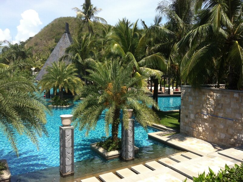 Tropical Resort Pool — Blue, Serene, Afternoon, Photograph, Palm Trees, Stone Wall