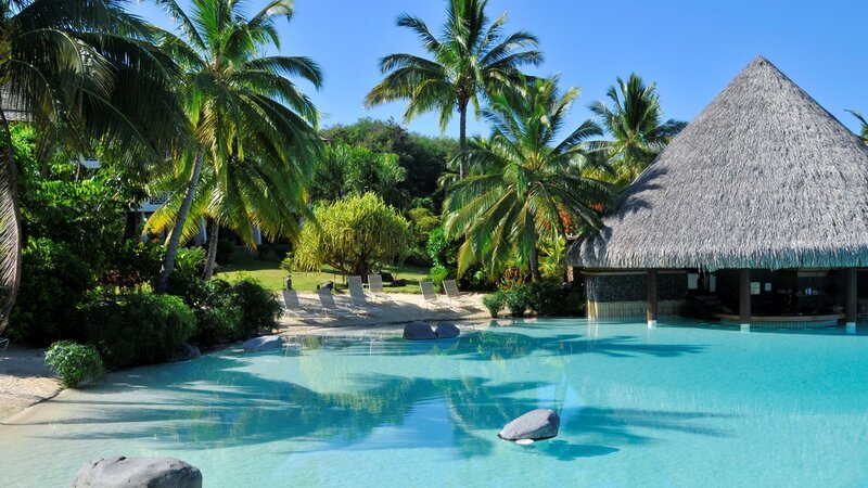 Tropical Resort Pool — Blue, Serene, Afternoon, Photograph, Palm Trees, Thatched Hut