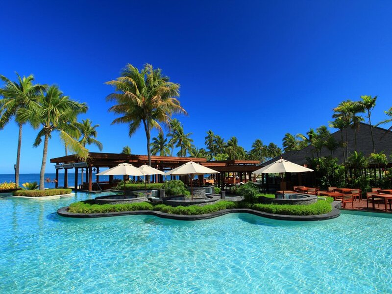 Tropical Resort Pool — Blue, Serene, Afternoon, Photograph, Palm Trees, Umbrellas