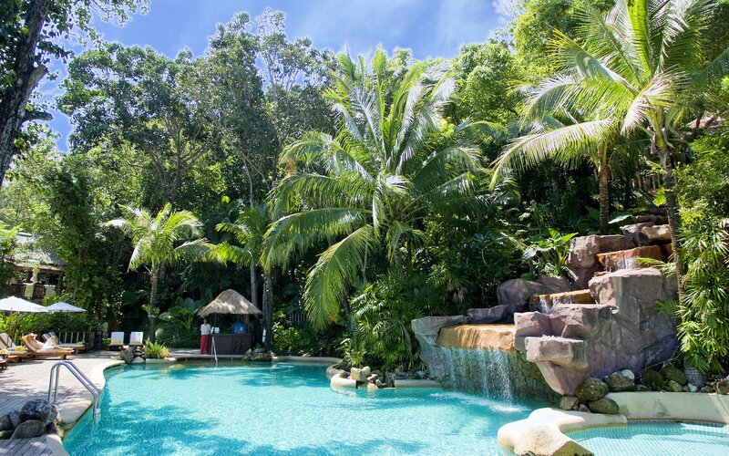 Tropical Resort Pool — Blue, Serene, Afternoon, Photograph, Palm Trees, Waterfall