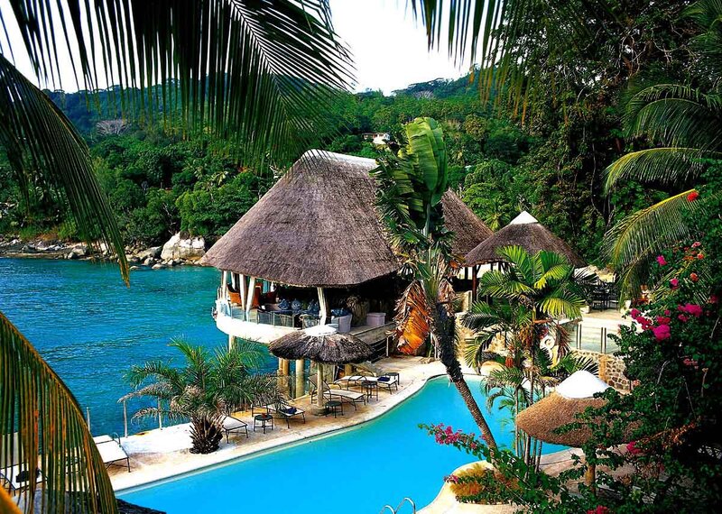 Tropical Resort Pool — Blue, Serene, Afternoon, Photograph, Thatched Roofs, Palm Trees