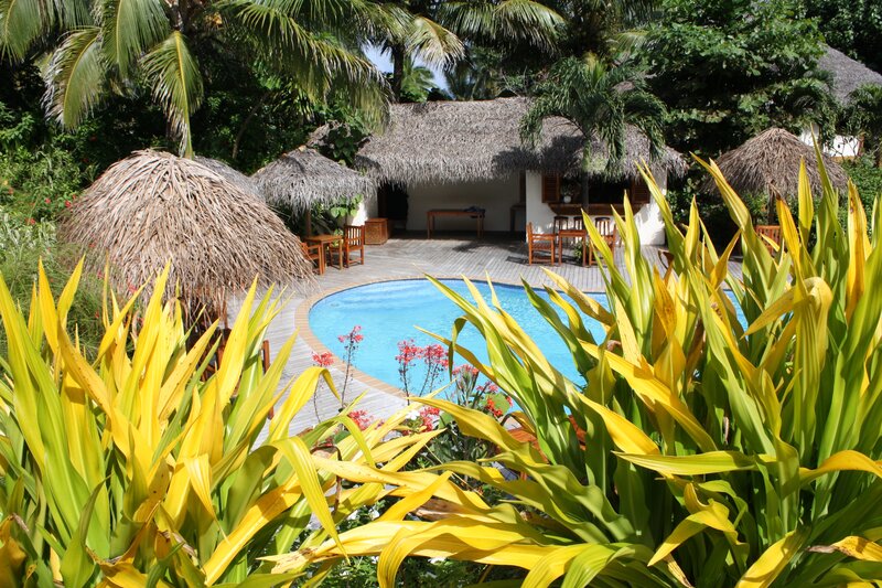 Tropical Resort Pool — Blue, Serene, Afternoon, Photograph, Thatched Roofs