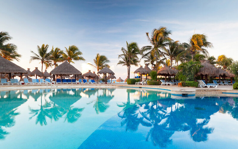 Tropical Resort Pool — Blue, Serene, Sunset, Photograph