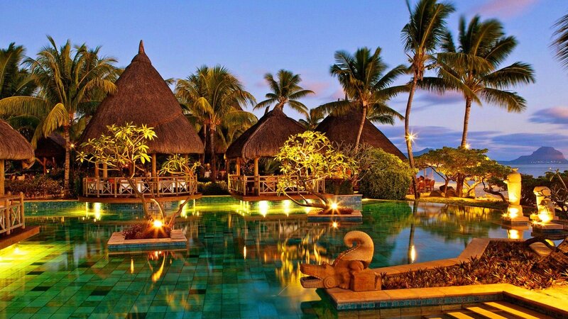 Tropical Resort Pool — Green, Serene, Sunset, Photograph