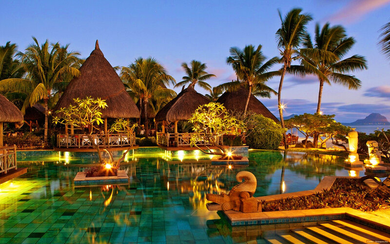 Tropical Resort Pool — Green, Serene, Sunset