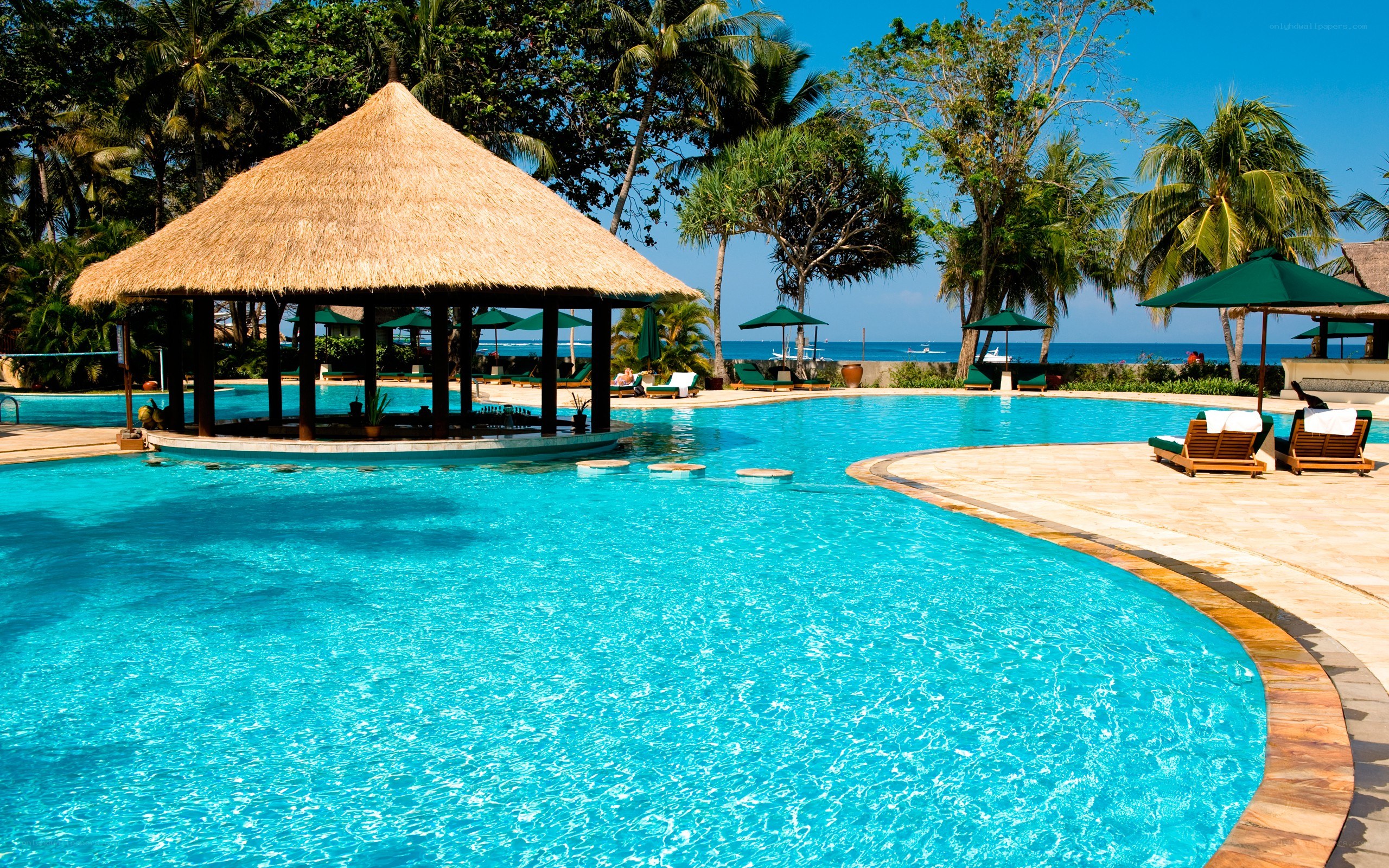 tropical resort pool with gazebo