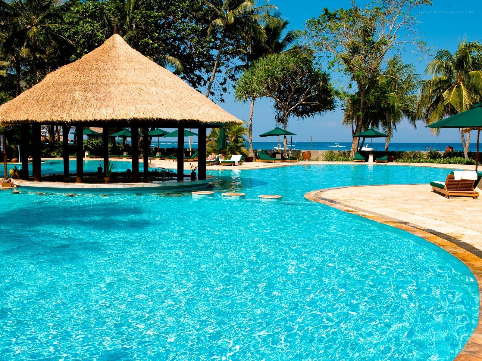 Tropical resort pool with ocean view