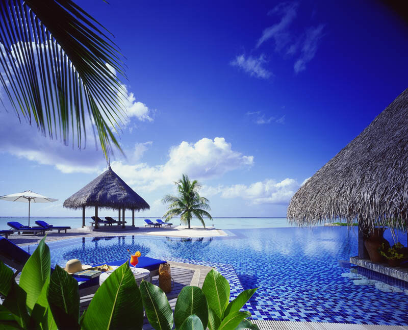 Tropical resort pool with ocean view