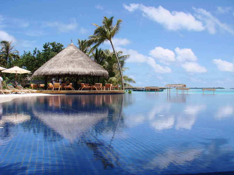 Tropical resort pool with thatched hut