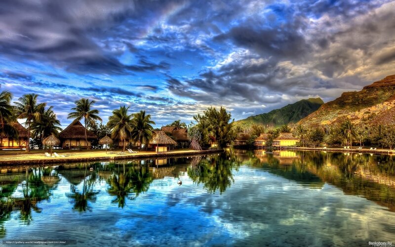 Tropical Resort Village — Blue, Dramatic, Sunset, Photograph, Palm Trees, Thatched Huts
