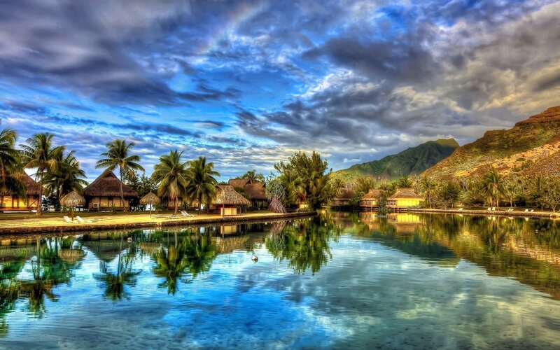 Tropical Resort Village — Blue, Dramatic, Sunset, Photograph, Palm Trees