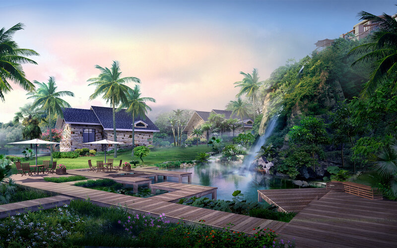 Tropical Resort Village — Green, Serene, Sunset