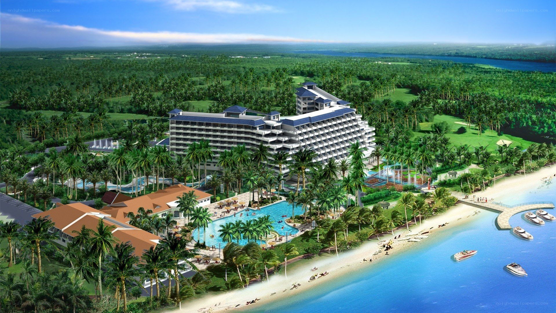 tropical resort with beach and pool