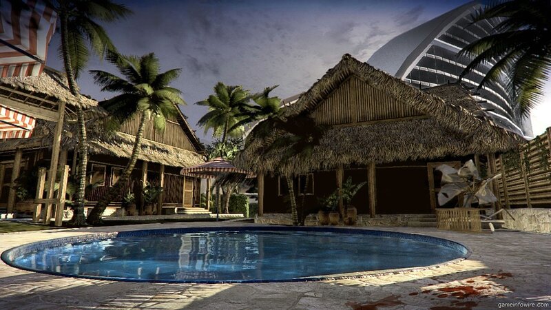 Tropical resort with pool and bloodstains