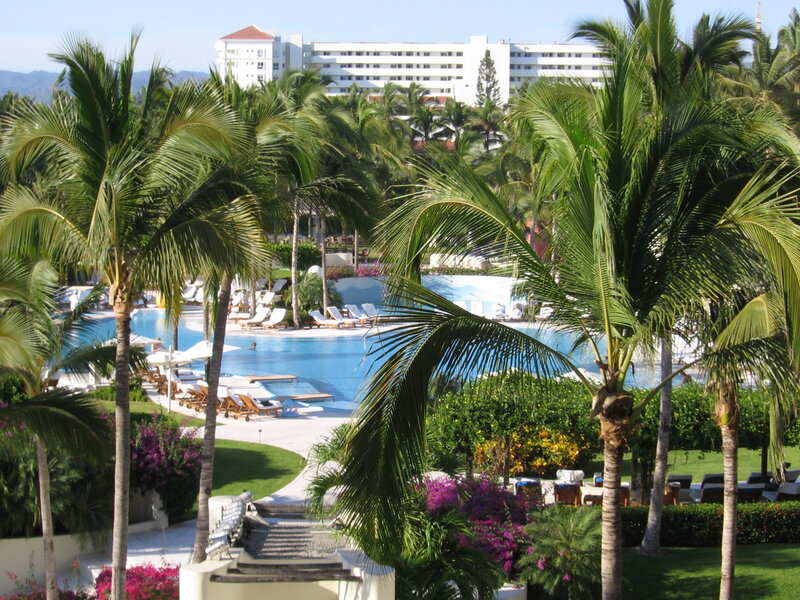 tropical resort with pool and palm trees