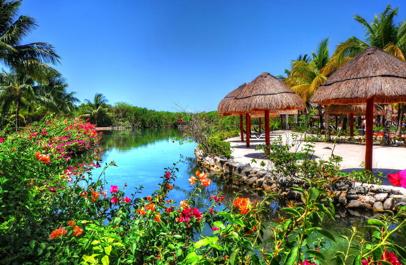 Tropical Resort with Thatched Umbrellas