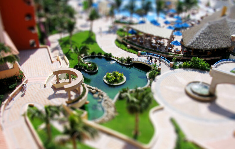 Tropical resort with water features
