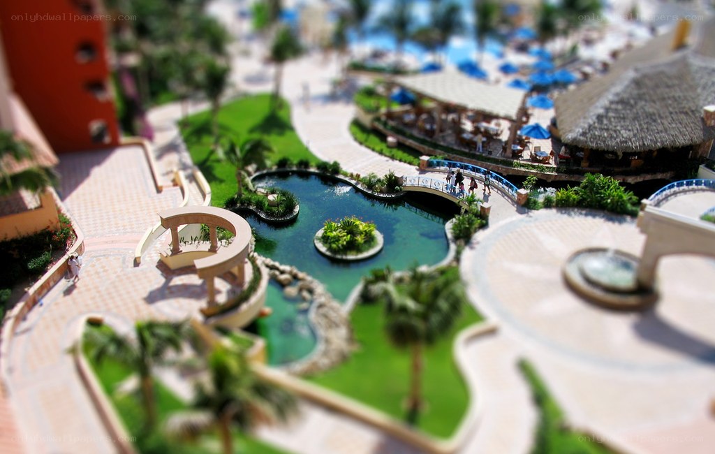 Tropical resort with water features