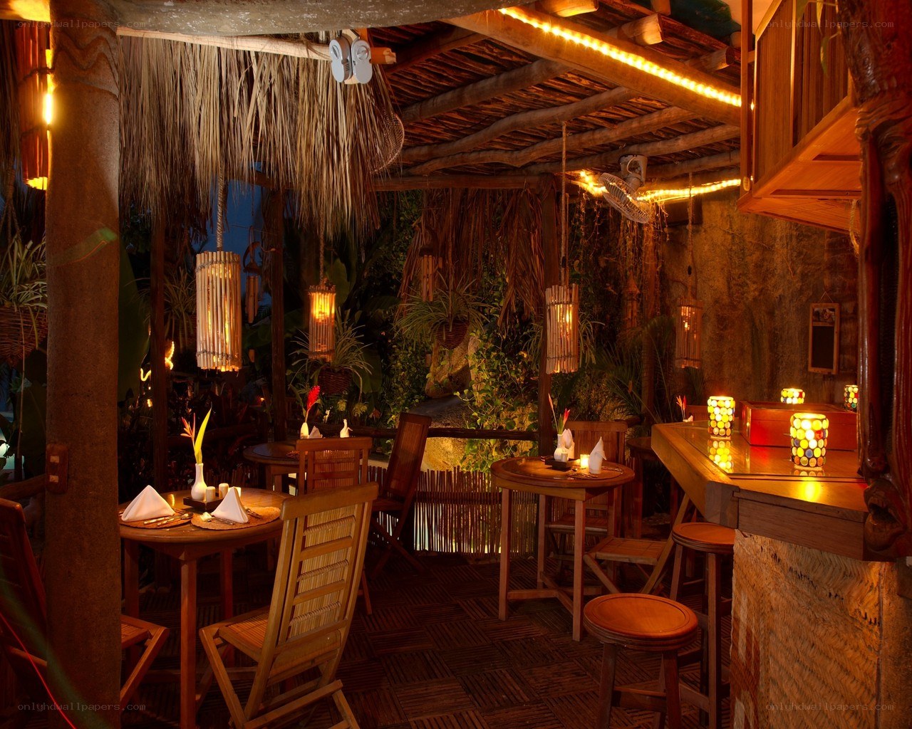 tropical restaurant at night