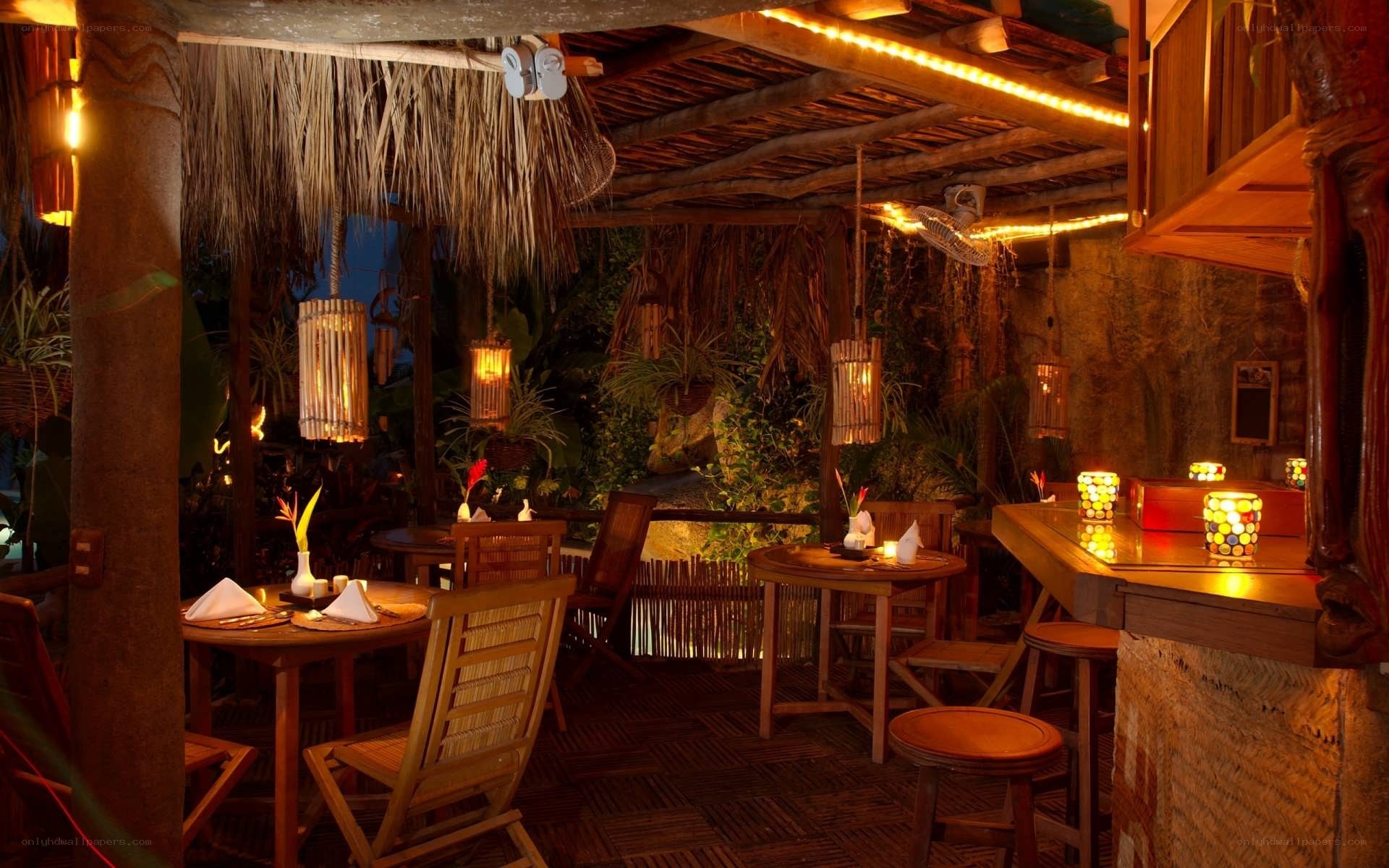 tropical restaurant at night