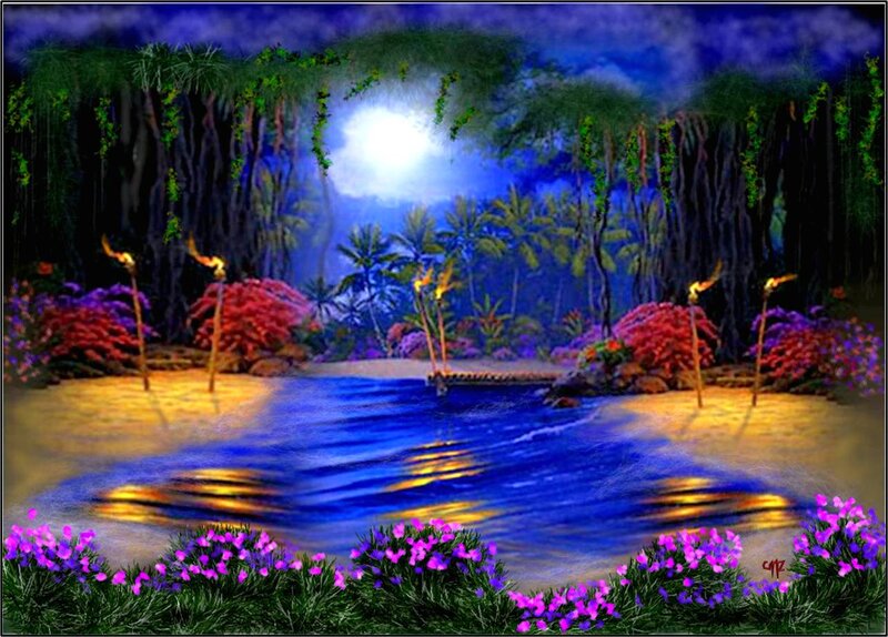 Tropical River at Night — Blue, Serene, Digital Art