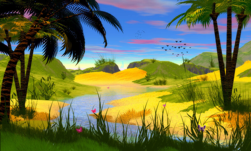 Tropical River Landscape — Green, Serene, Sunset