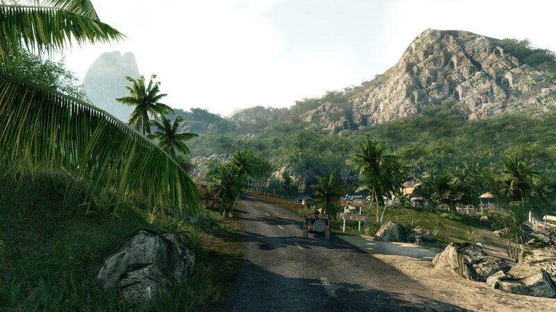 Tropical road with jeep