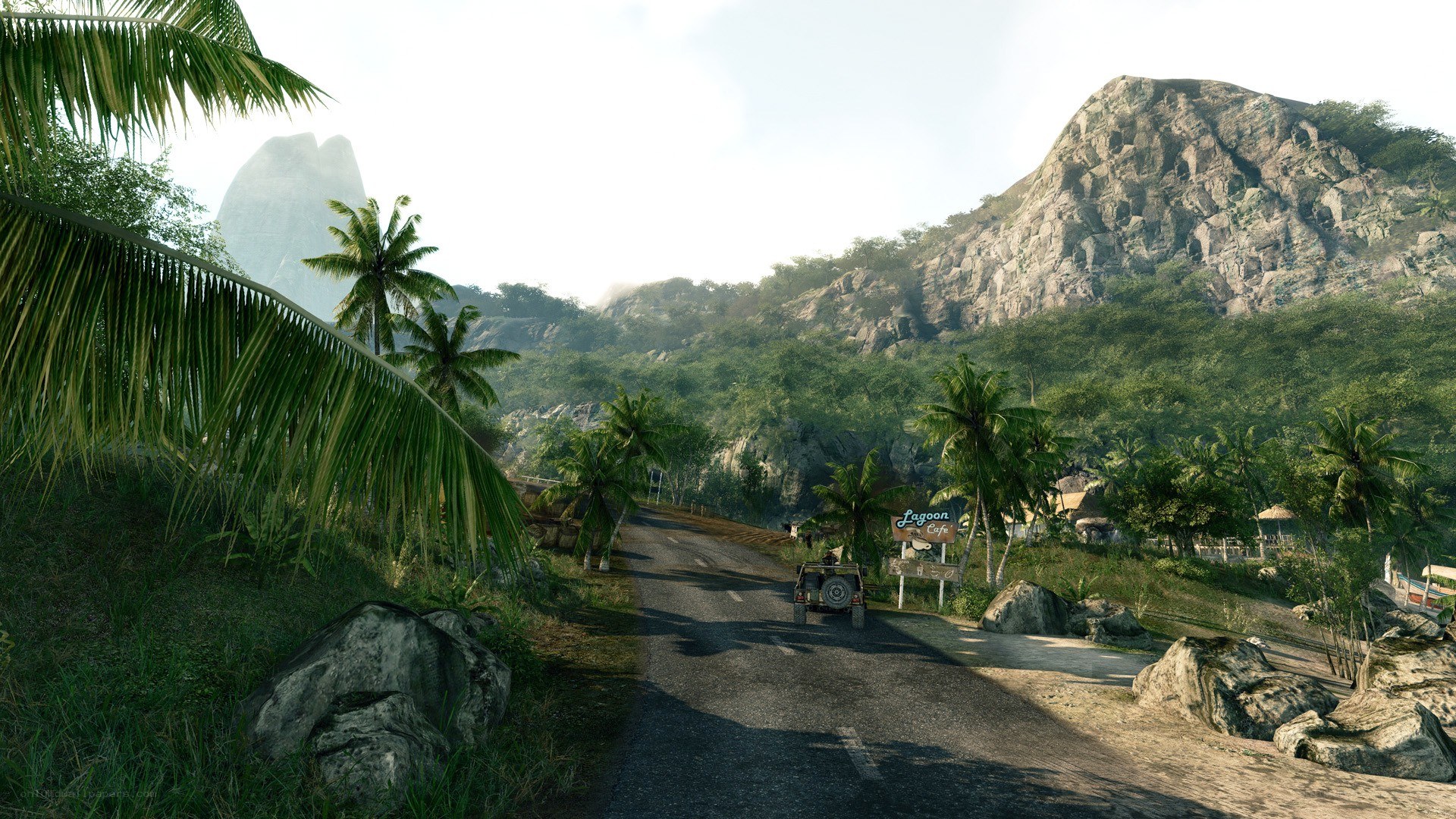 Tropical road with jeep
