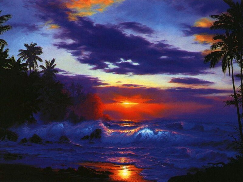 Tropical Sunset at Beach — Purple, Dramatic
