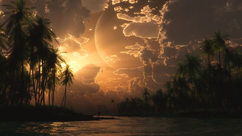 Tropical sunset on alien planet