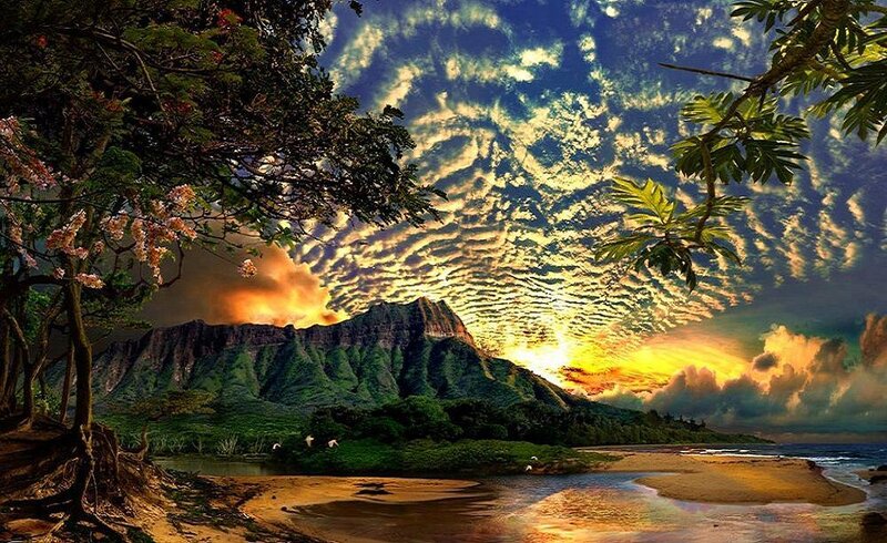tropical sunset over mountain
