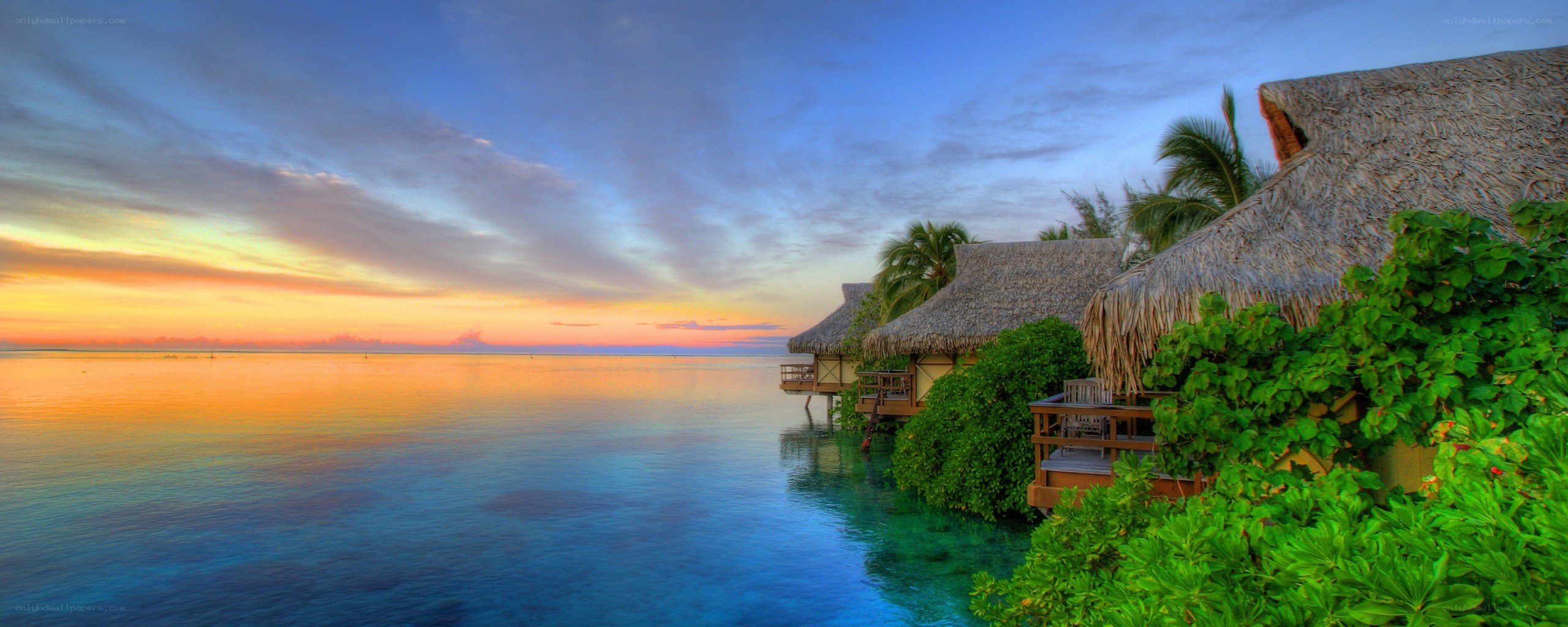 tropical sunset over water villas