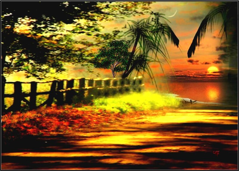 Tropical Sunset Scene — Orange, Dramatic