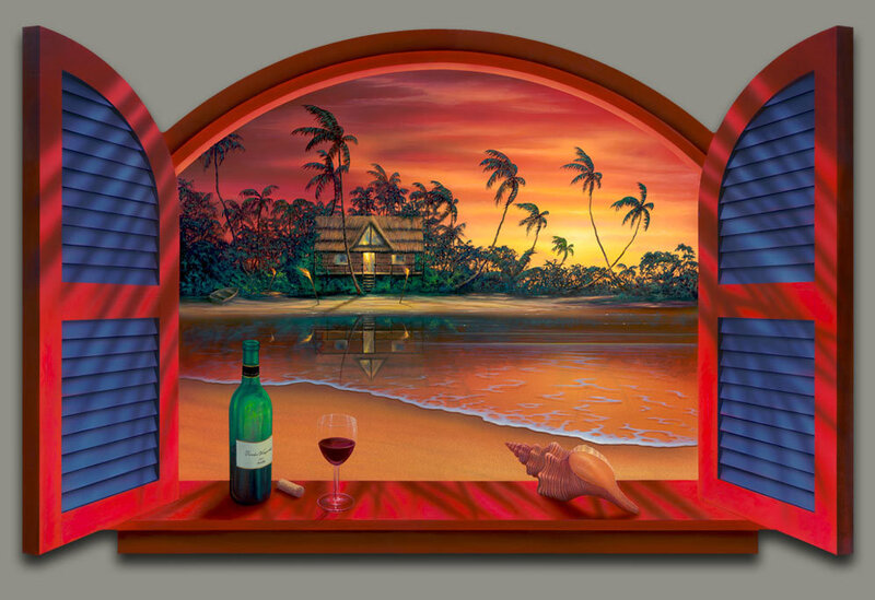Tropical sunset through window