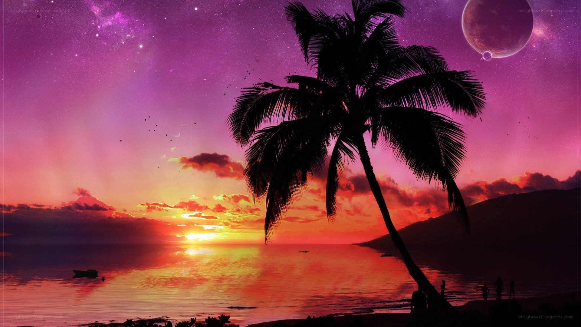 Tropical sunset with alien planet