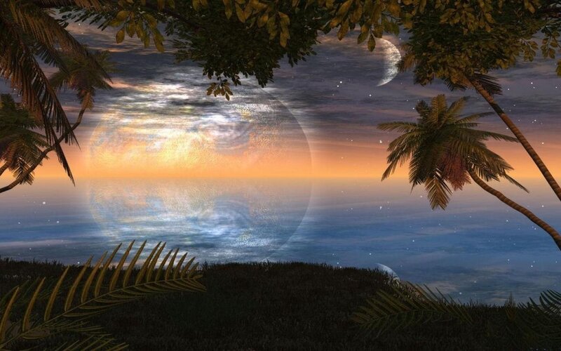 Tropical sunset with alien planet