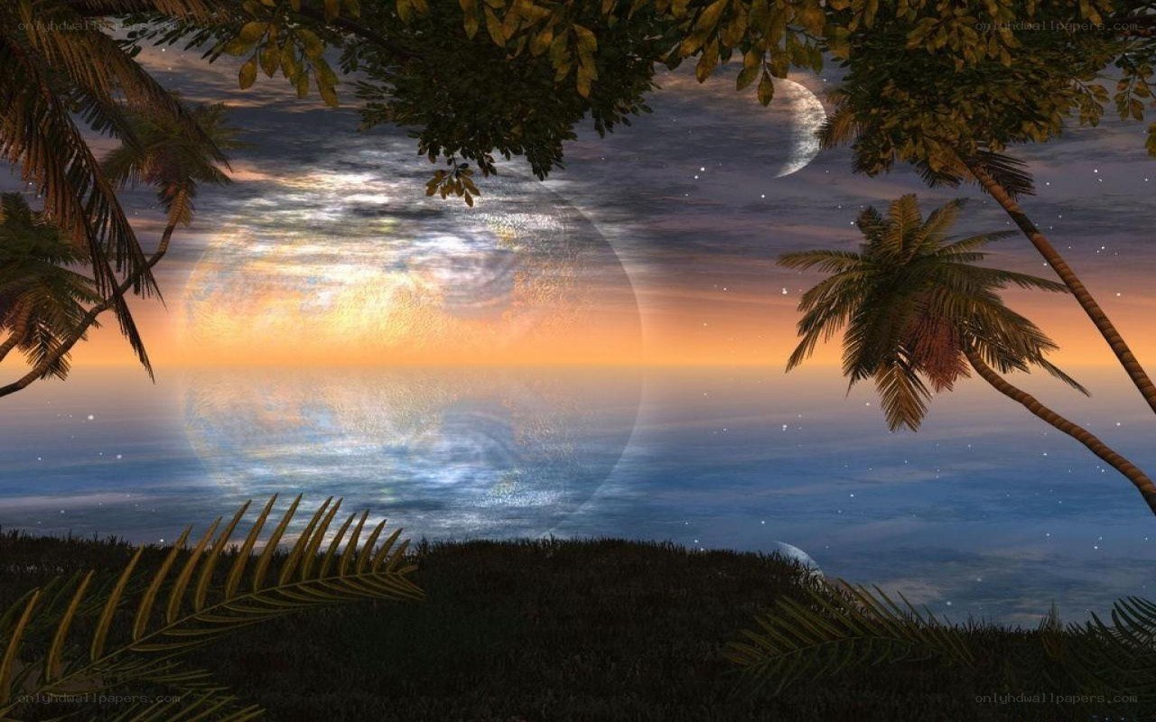 Tropical sunset with alien planet