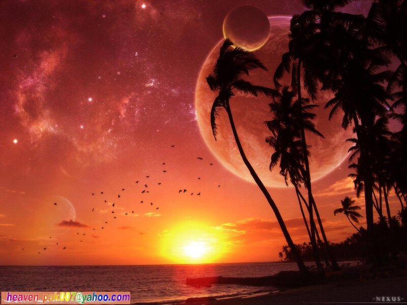 Tropical sunset with alien planets