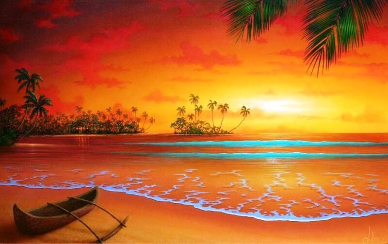 tropical sunset with canoe