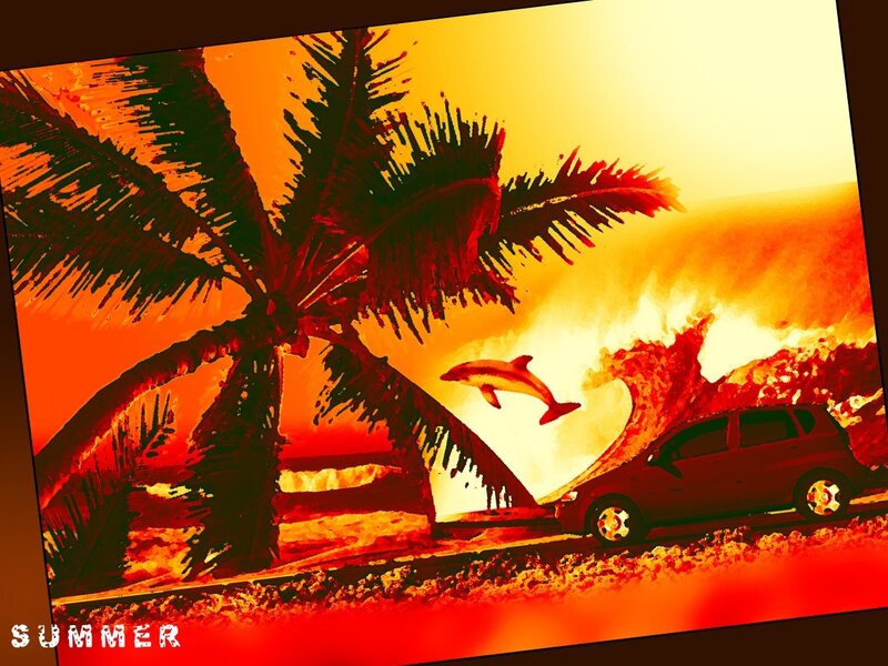 tropical sunset with car and dolphin